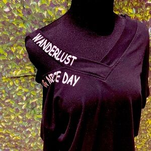 “WANDERLUST. HAVE A NICE DAY” - Off the shoulder shirt